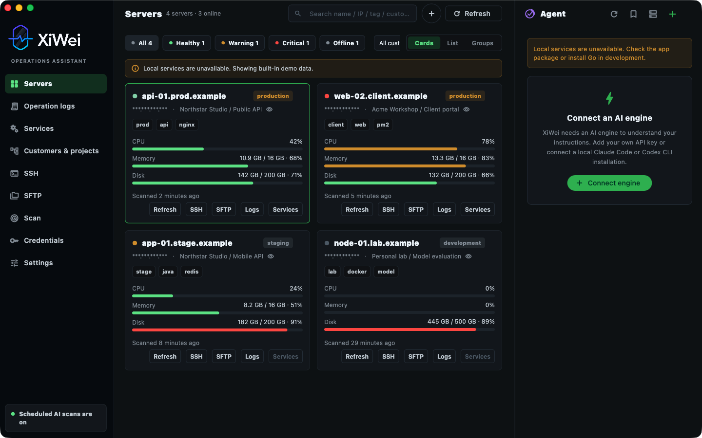 XiWei server overview showing demo servers, health metrics, and quick operations
